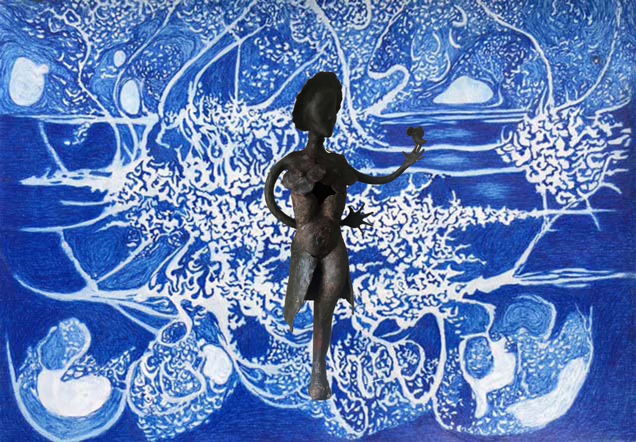 Fleeing Imagination, 2019, pen/ink drawing and wax sculpture from Apology To Loneliness by Tom Cleveland
